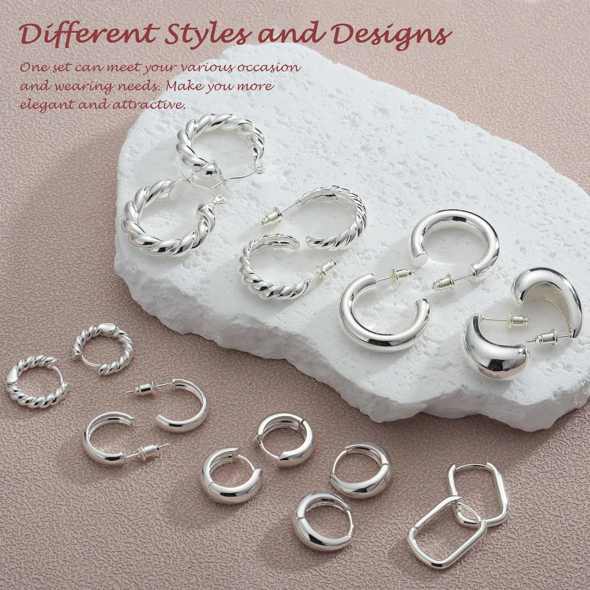 9 Pairs Gold/Sterling Silver/Rose Gold Plated Hoop Earrings Set for Women – Trendy Chunky Hoops