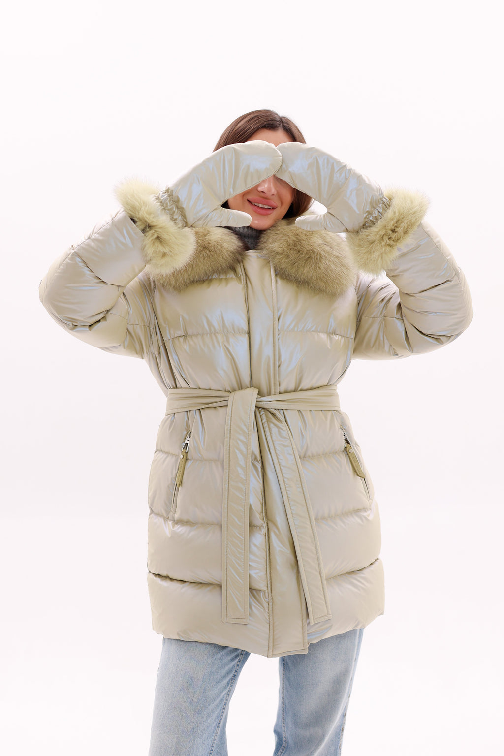 Genuine Fox Fur Down Coat with Fur Trim Mittens