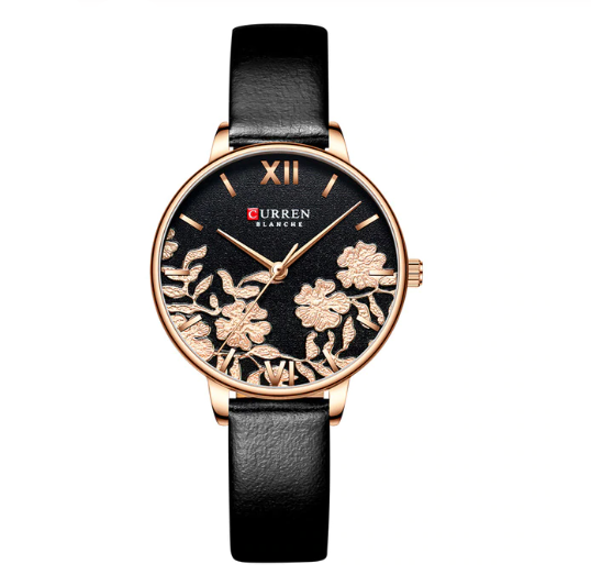 Women's Floral Rose Gold Watch Black Leather Strap Slim