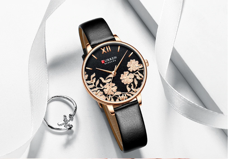 Women's Floral Rose Gold Watch Black Leather Strap Slim