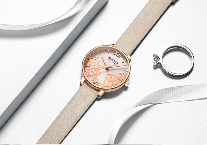 Women's Floral Rose Gold Slim Watch With Leather Band