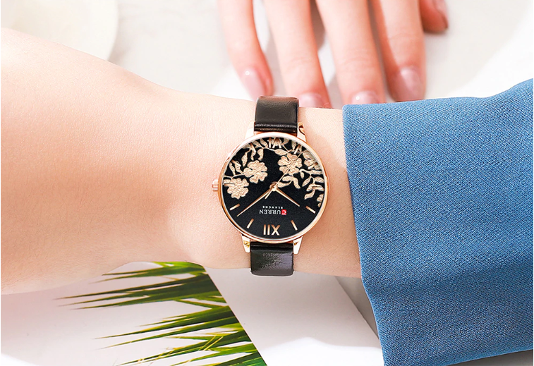Women's Floral Rose Gold Watch Black Leather Strap Slim