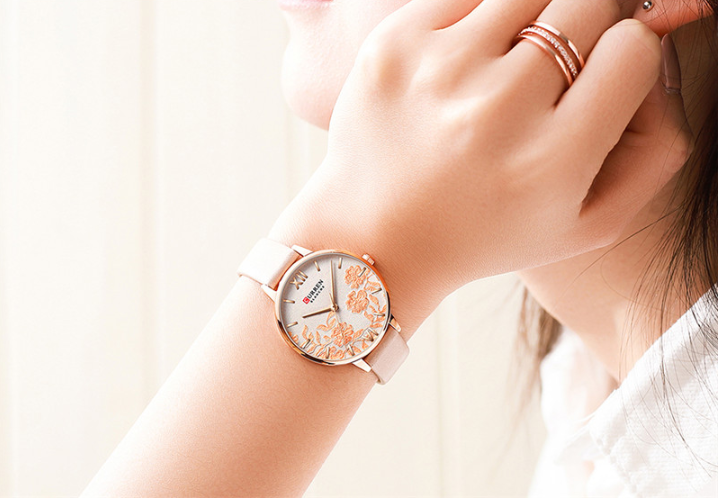 Women's Floral Rose Gold Slim Watch With Leather Band