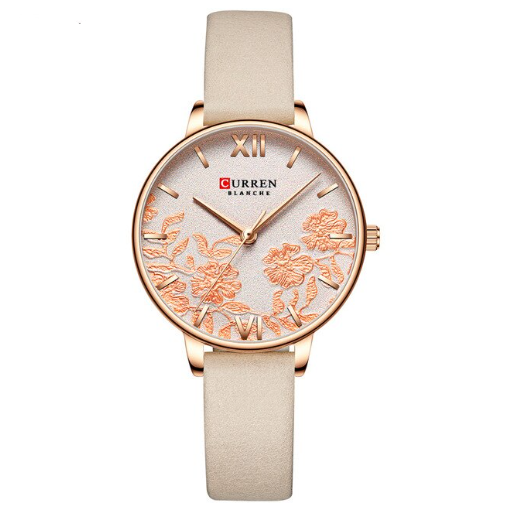 Women's Floral Rose Gold Slim Watch With Leather Band