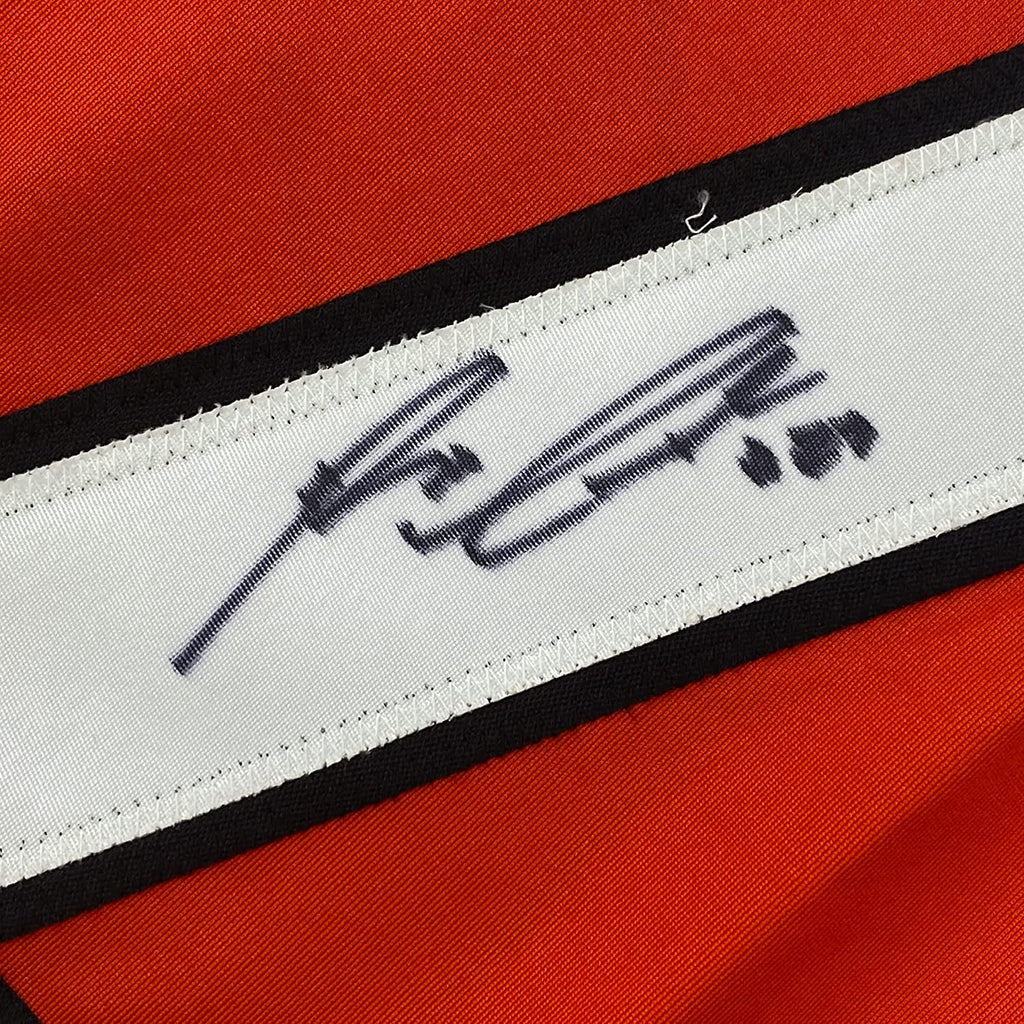 Framed Autographed/Signed Reggie Leach 35x39 Philadelphia Orange Hockey Jersey JSA COA