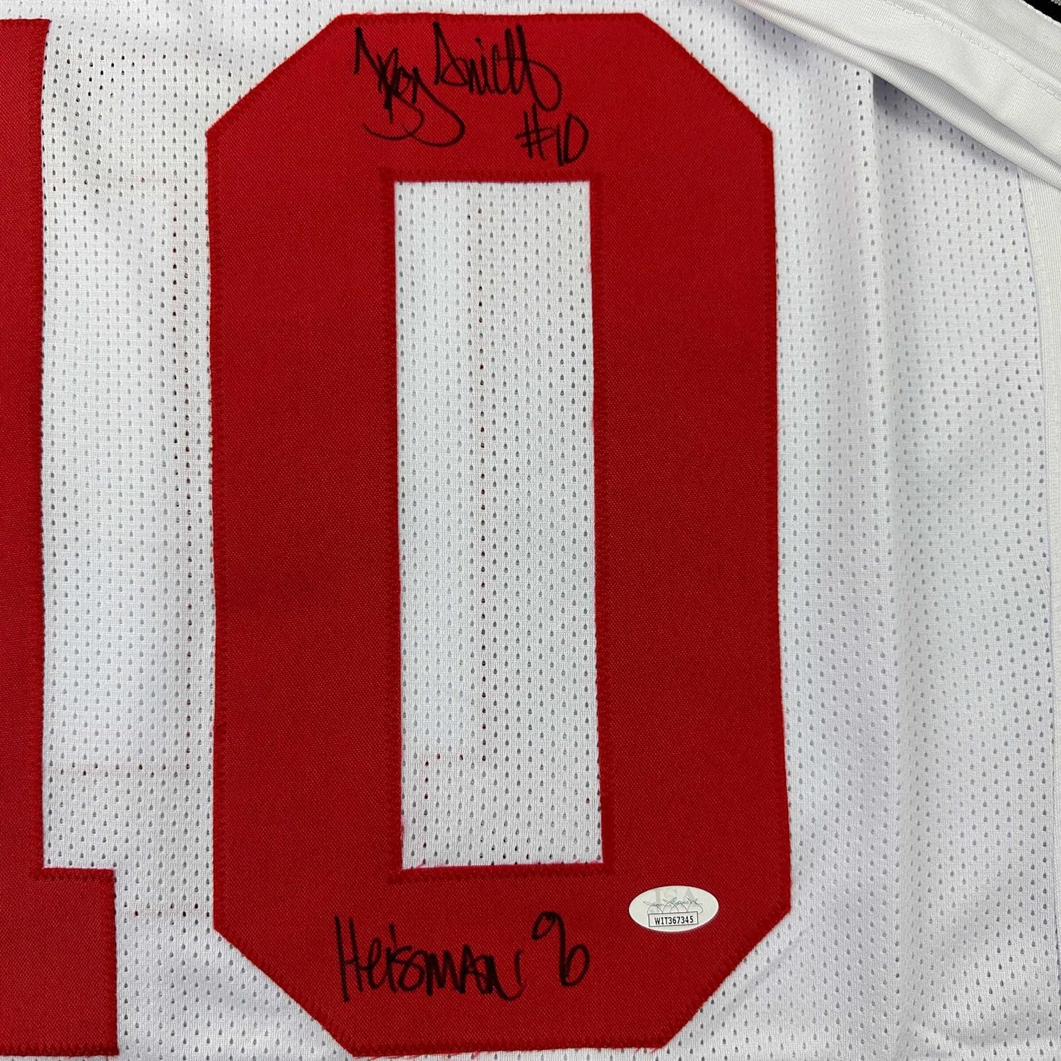Framed Autographed/Signed Troy Smith 35x39 Heisman 06 Ohio State White College Football Jersey JSA COA