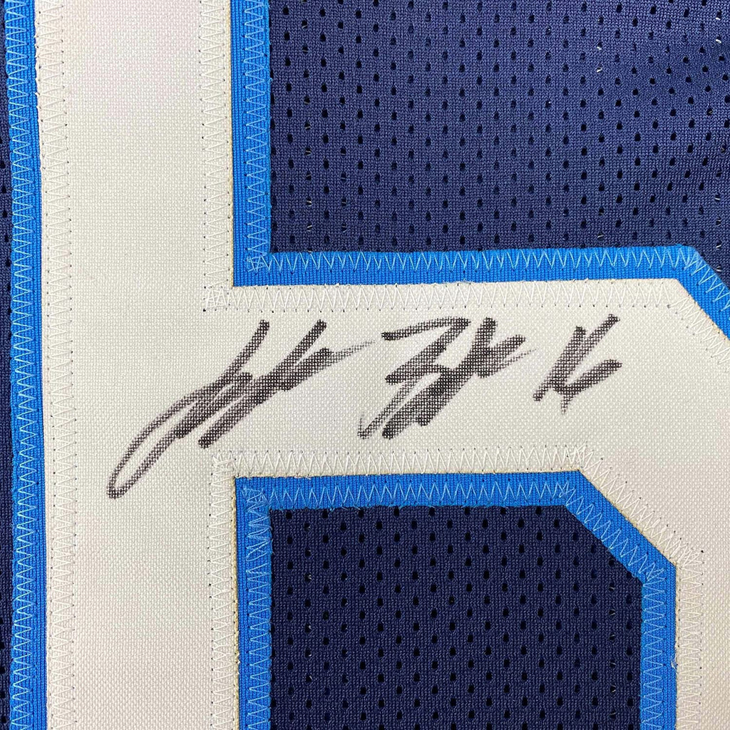 Framed Autographed/Signed Treylon Burks 35x39 Tennessee Dark Blue Football Jersey Beckett BAS COA