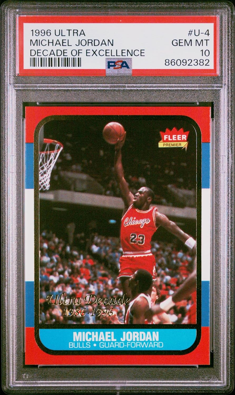 Graded 1996 Fleer Ultra Michael Jordan #U4 Decade Of Excellence Rookie Reprint Basketball Card PSA 10 Gem Mint