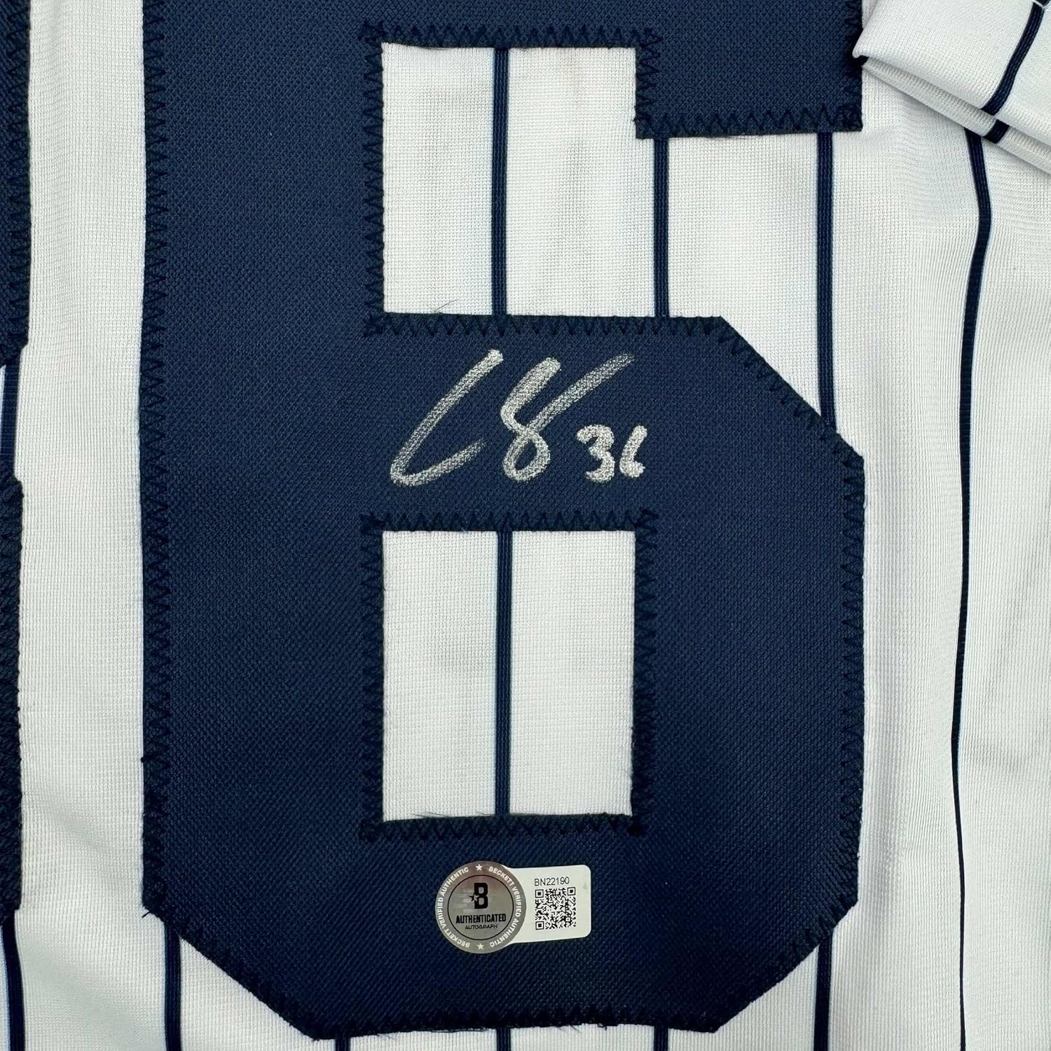 Framed Autographed/Signed Clarke Schmidt 35x39 New York Pinstripe Baseball Jersey Beckett BAS COA