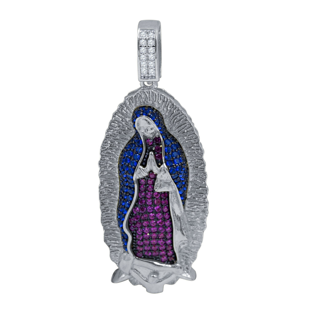 Sterling Silver Virgin Mary Pendant Blue Purple Halo