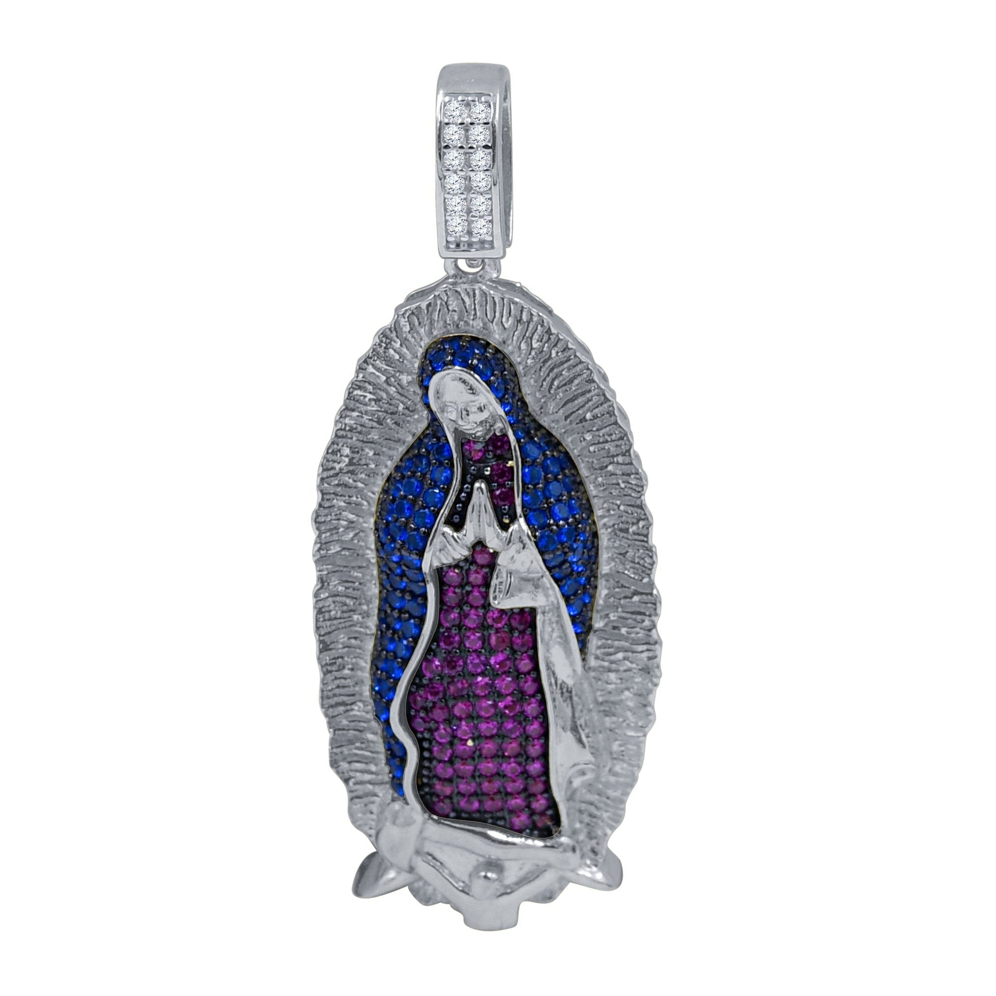 Sterling Silver Virgin Mary Pendant Blue Purple Halo