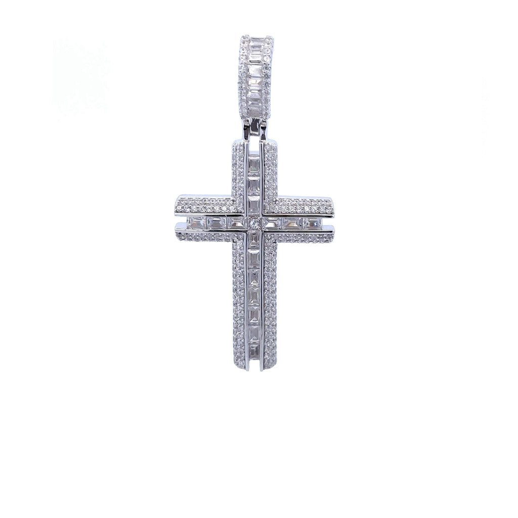 Sterling Silver Rhodium CZ Iced Out Cross Pendant Large