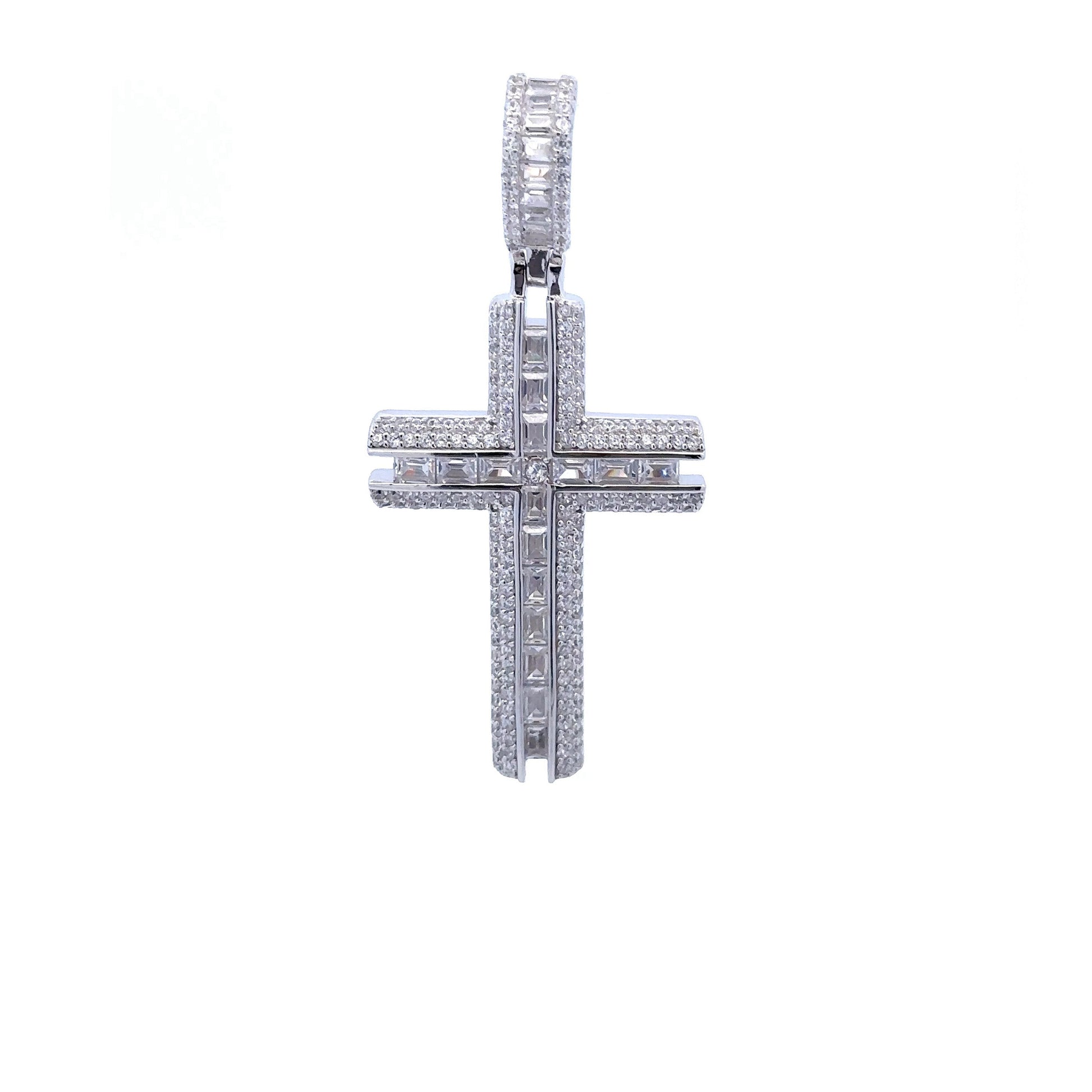 Sterling Silver Rhodium CZ Iced Out Cross Pendant Large