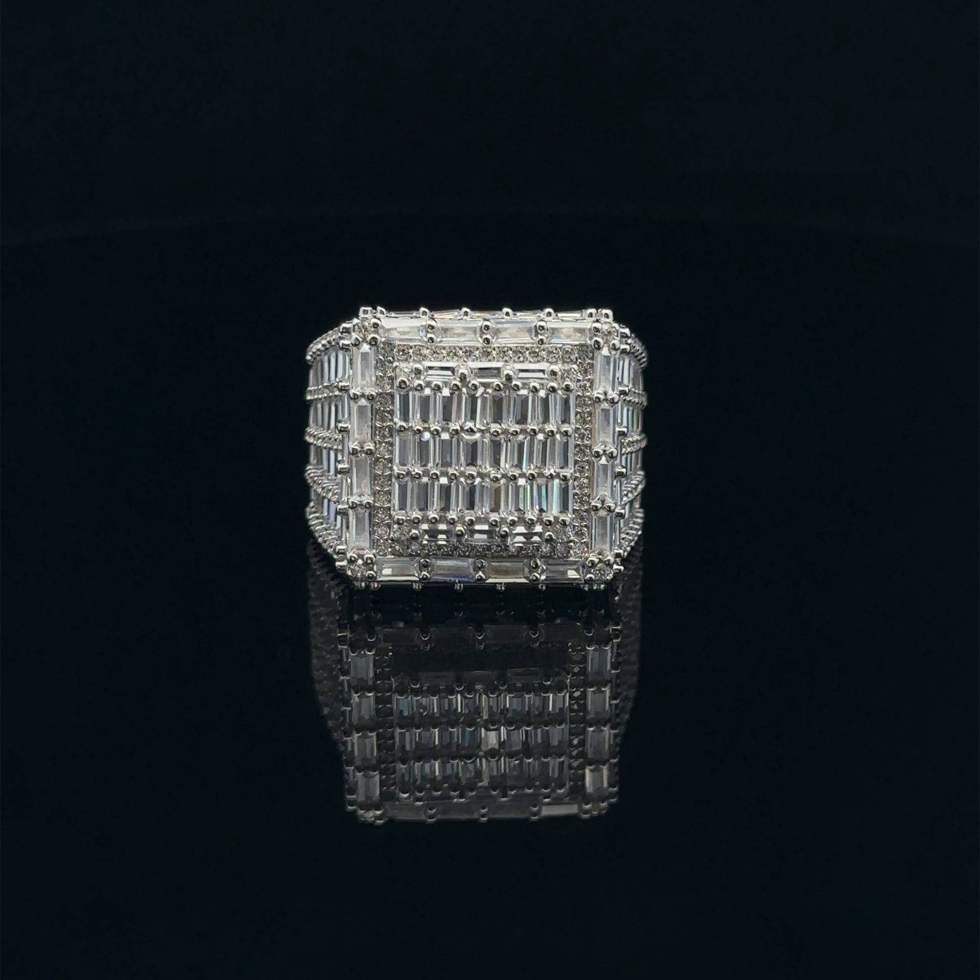 925 Rhodium Sterling Mens Iced Out CZ Baguette Ring