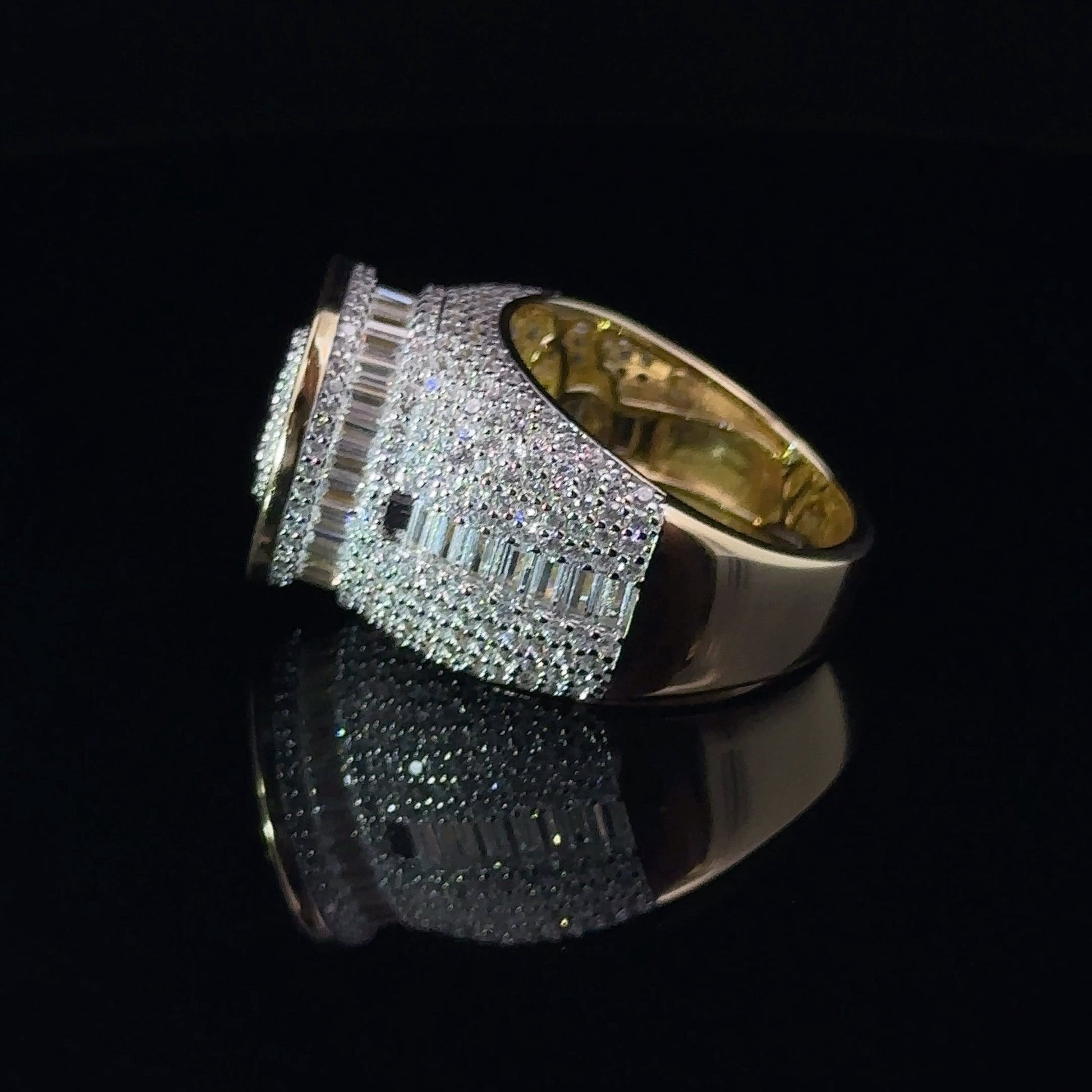 925 Sterling Gold Iced Out Mens CZ Ring Baguette Mix