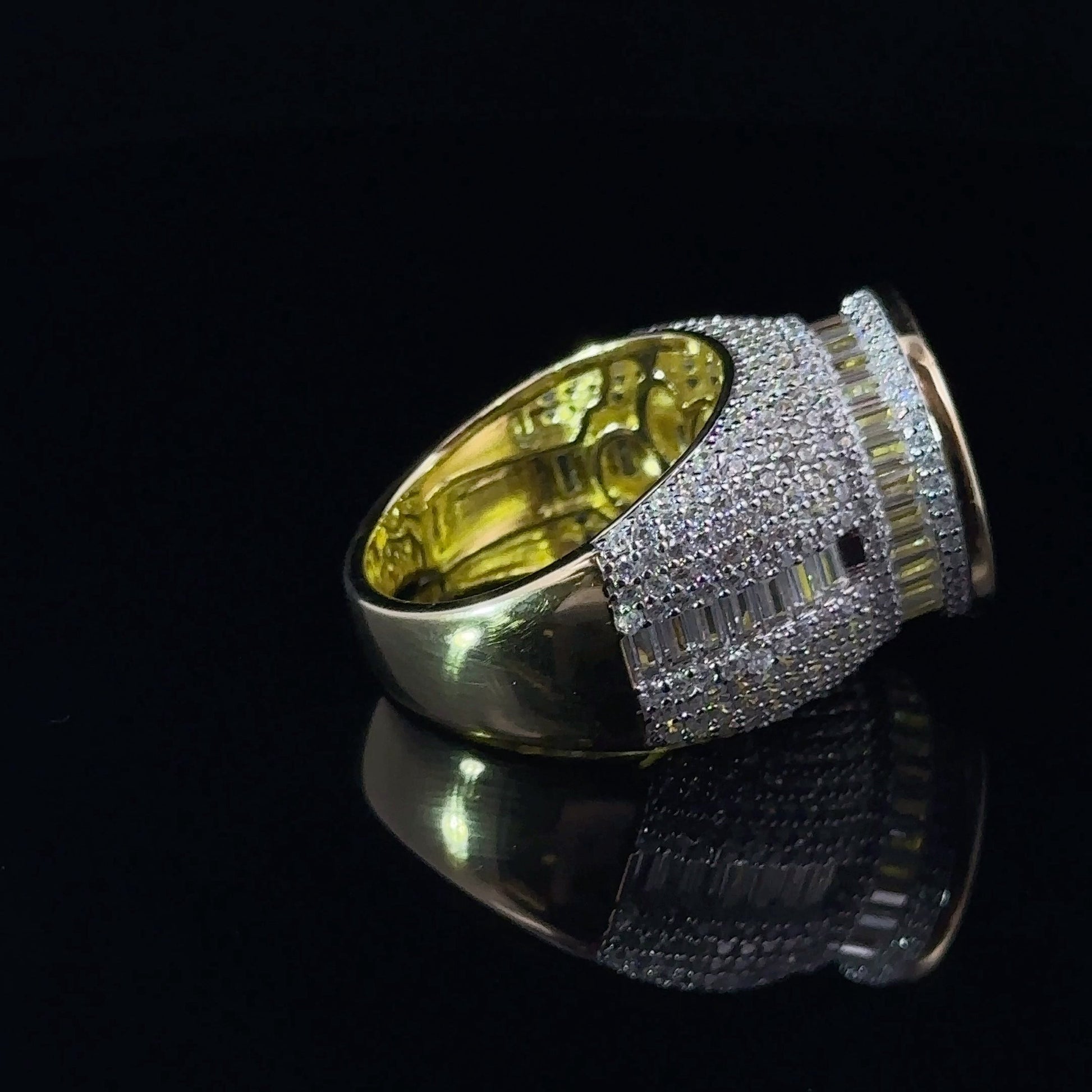 925 Sterling Gold Iced Out Mens CZ Ring Baguette Mix