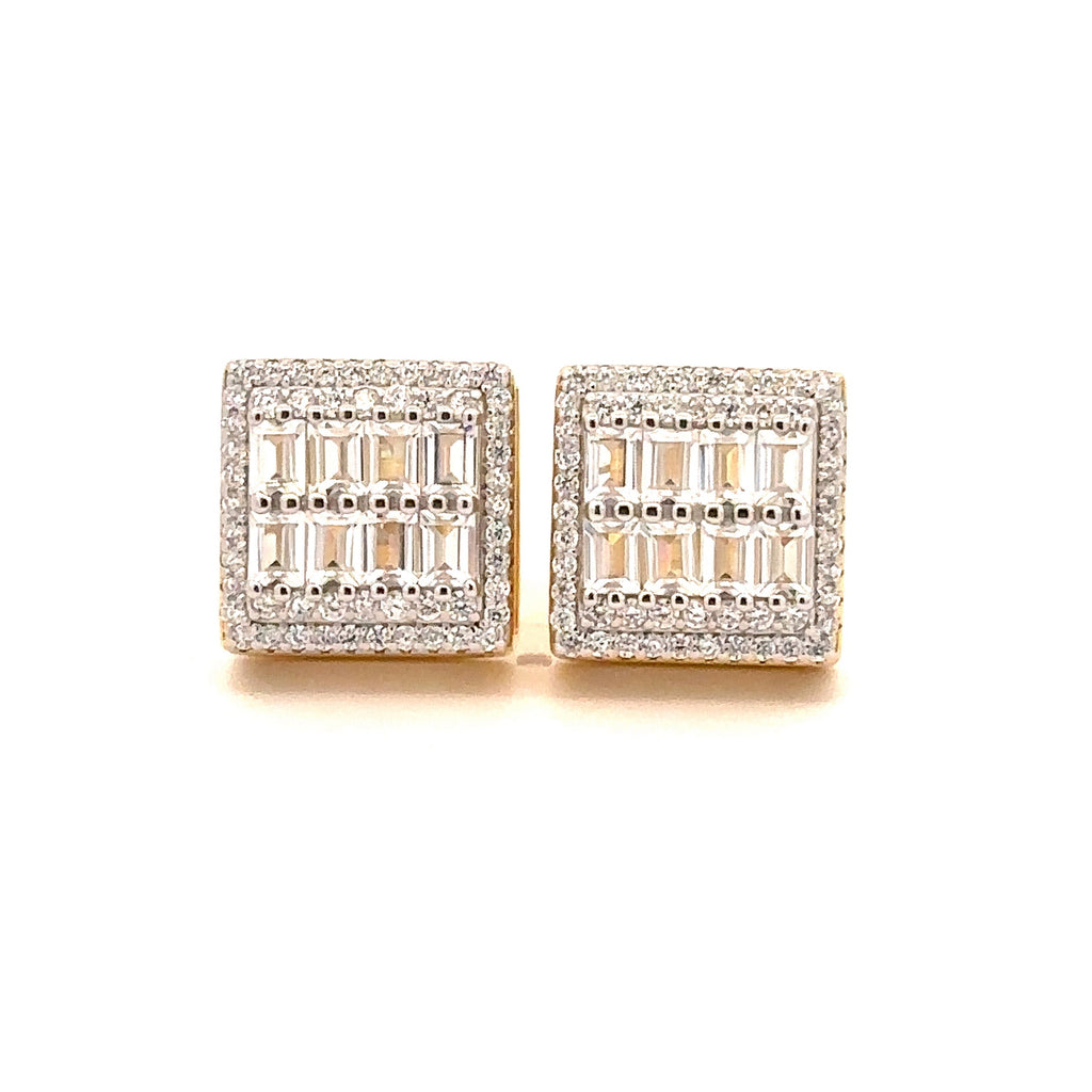925 Sterling Gold Plated CZ Square Baguette Stud Earrings