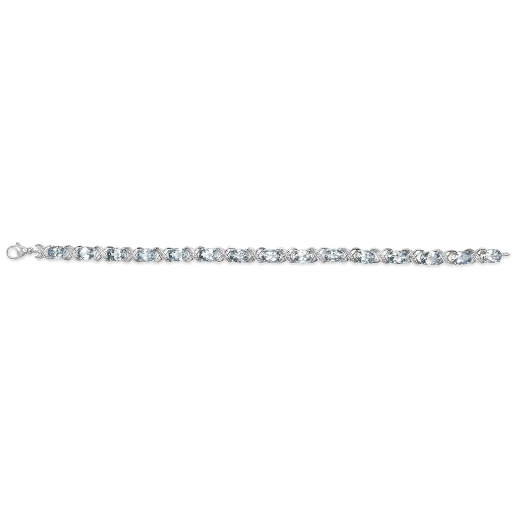.925 Sterling Silver 16.0 Cttw Oval Blue Topaz and Diamond Accent Tennis X Link Bracelet (I-J Color, I1-I2 Clarity) - Size 7" Inch