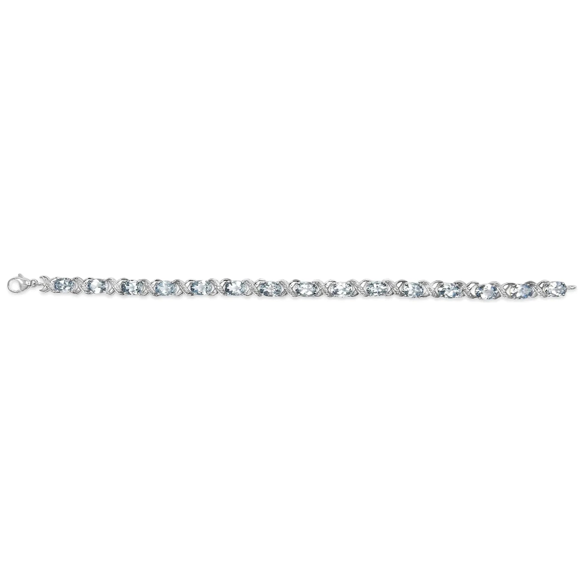 .925 Sterling Silver 16.0 Cttw Oval Blue Topaz and Diamond Accent Tennis X Link Bracelet (I-J Color, I1-I2 Clarity) - Size 7" Inch