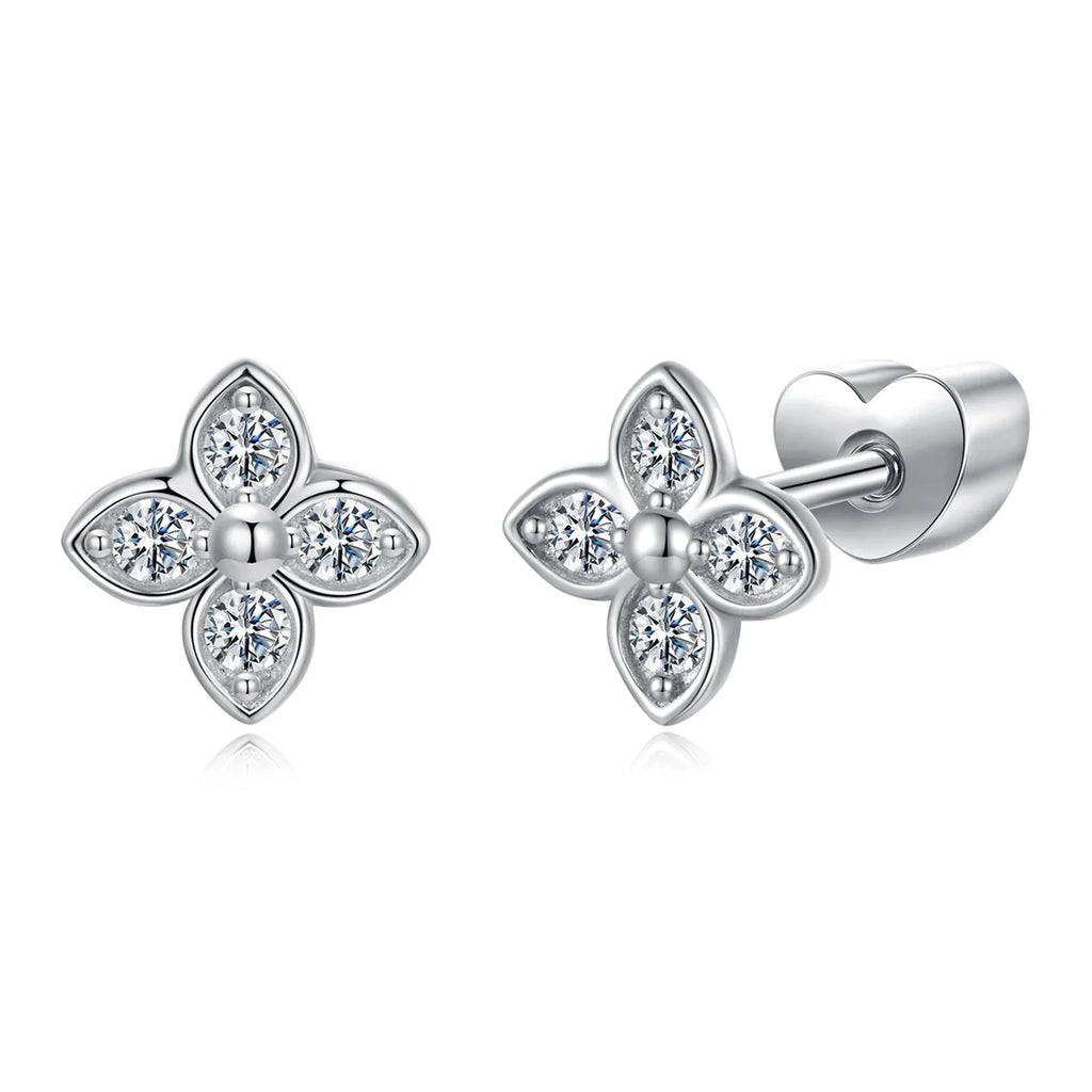 925 Sterling Silver 4-Leaf Clover Moissanite Earrings Hypoallergenic Screwback
