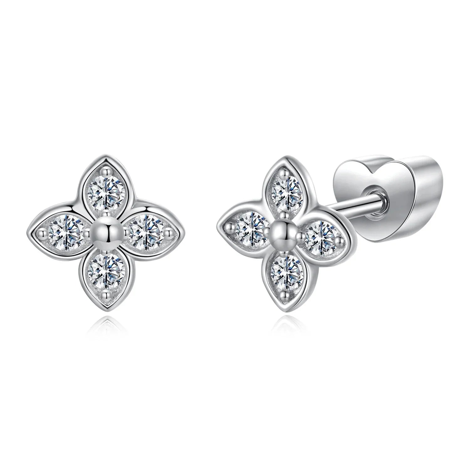 925 Sterling Silver 4-Leaf Clover Moissanite Earrings Hypoallergenic Screwback