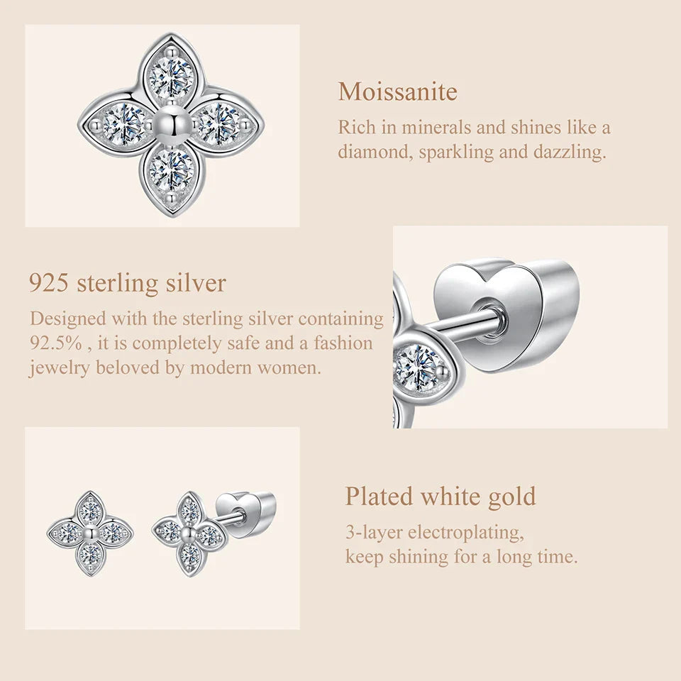 925 Sterling Silver 4-Leaf Clover Moissanite Earrings Hypoallergenic Screwback