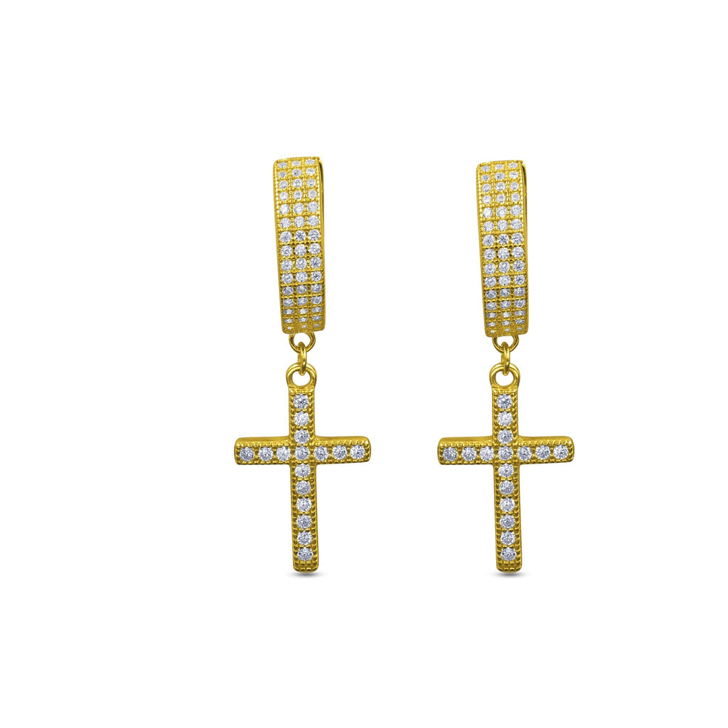 925 Sterling Silver CZ Cross Huggie Hoop Delicate Earrings