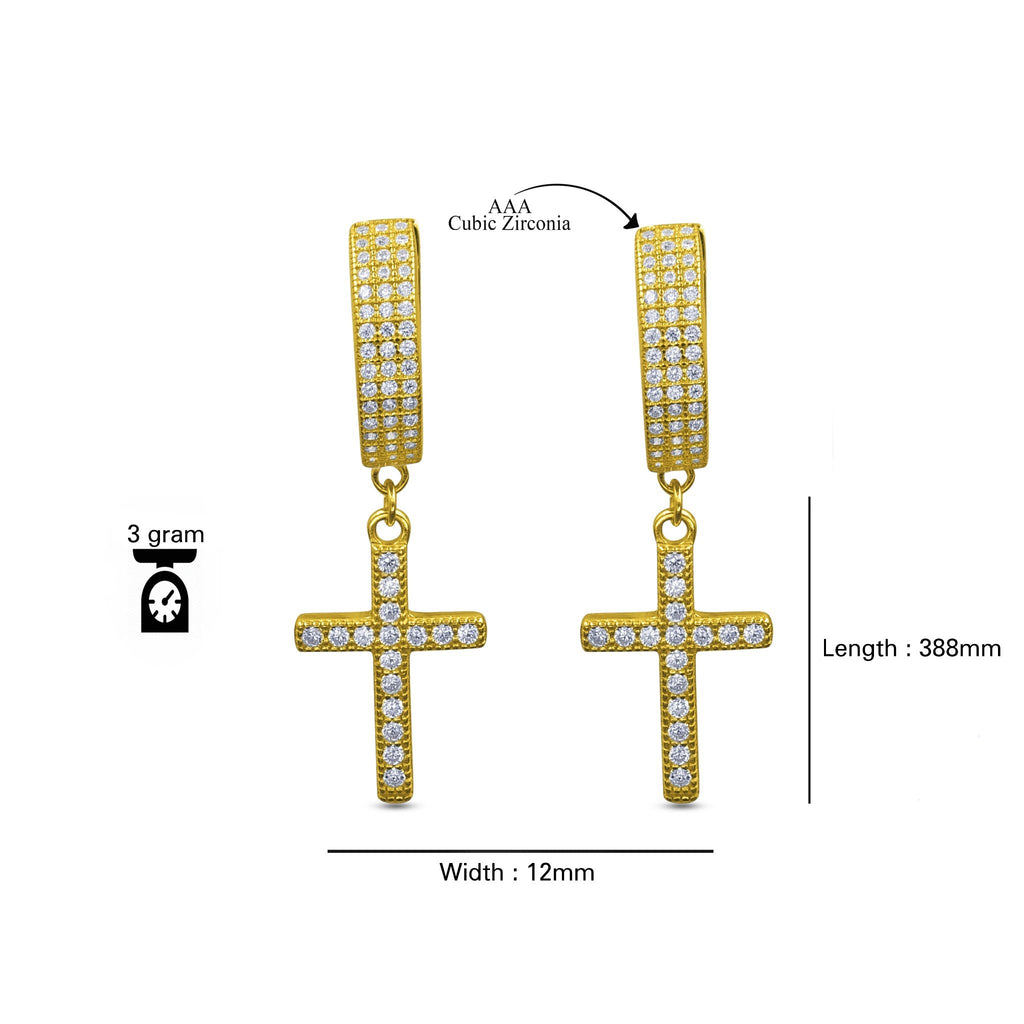 925 Sterling Silver CZ Cross Huggie Hoop Delicate Earrings