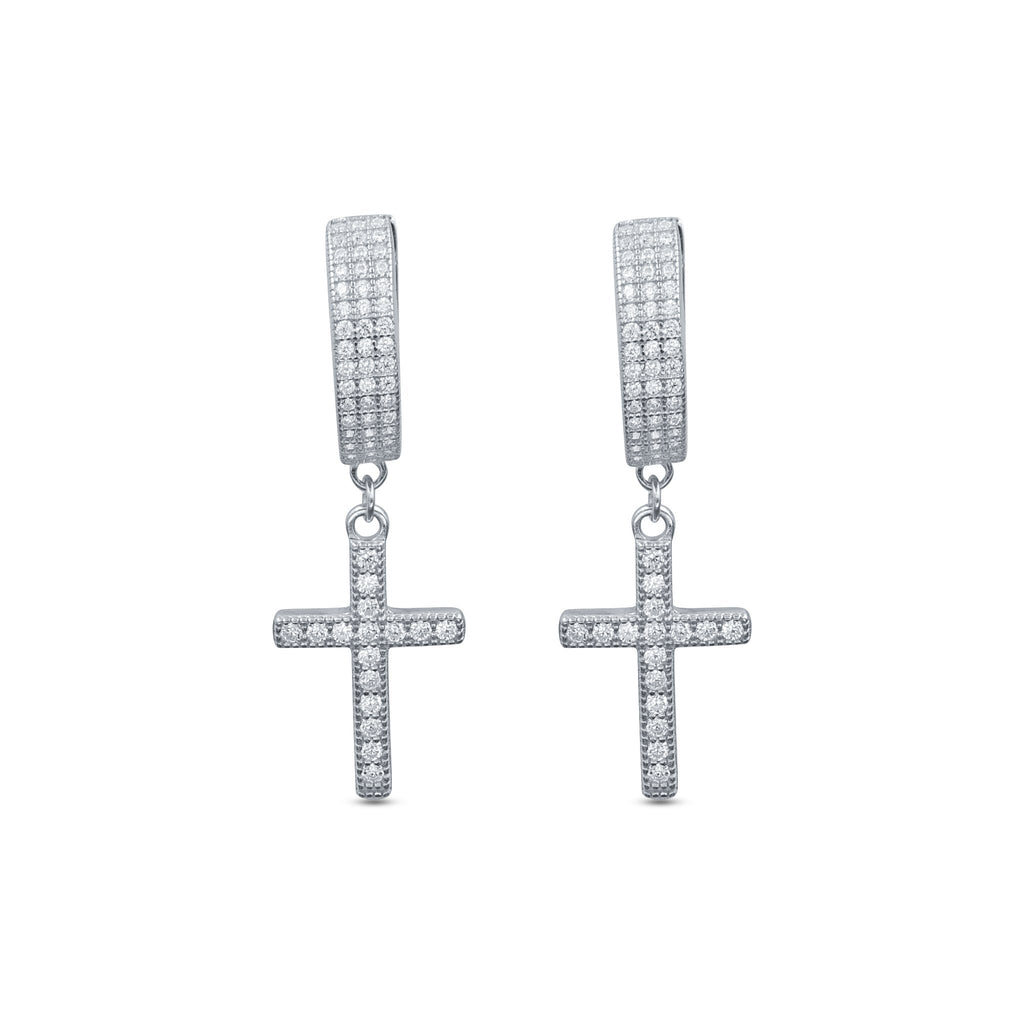 925 Sterling Silver CZ Cross Huggie Hoop Delicate Earrings