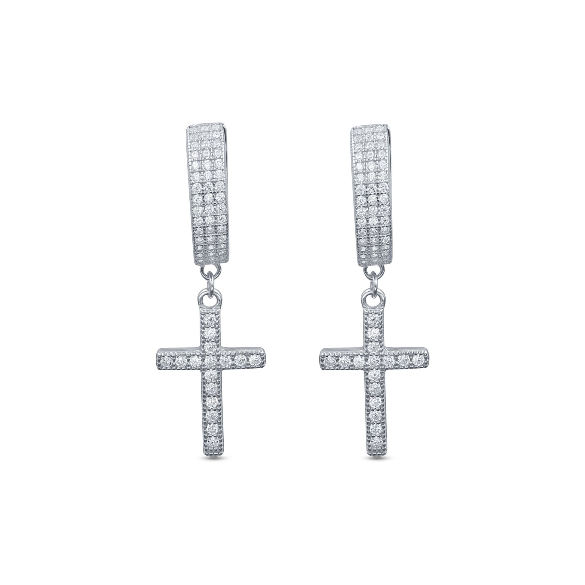 925 Sterling Silver CZ Cross Huggie Hoop Delicate Earrings