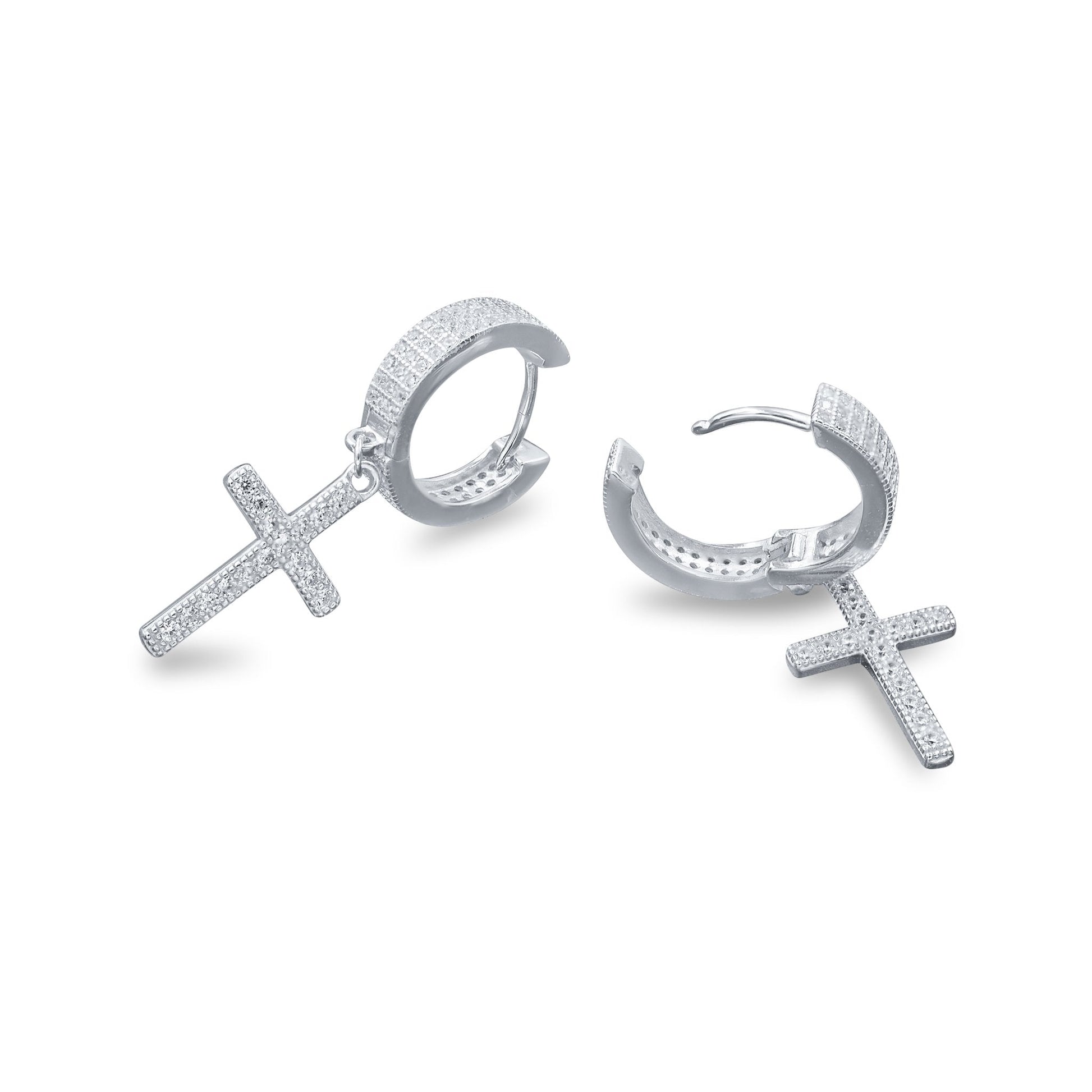 925 Sterling Silver CZ Cross Huggie Hoop Delicate Earrings