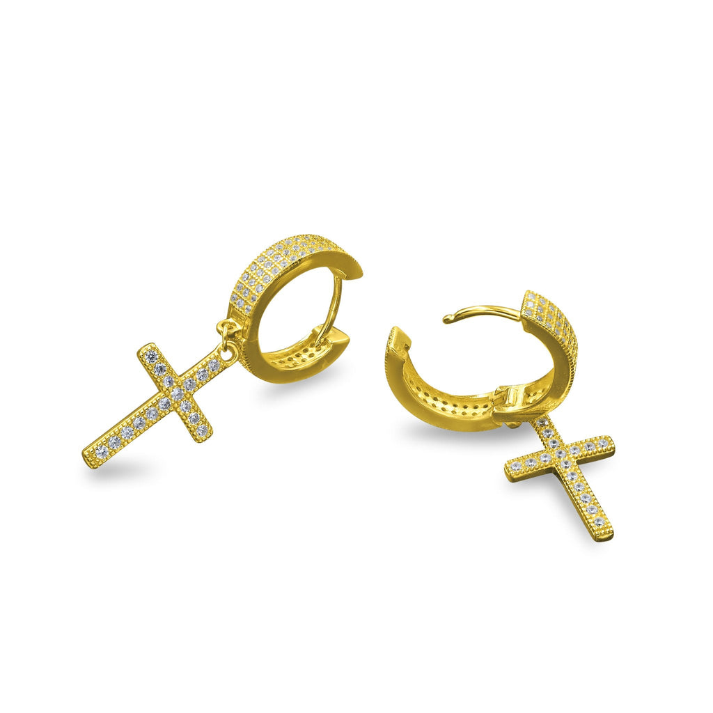 925 Sterling Silver CZ Cross Huggie Hoop Delicate Earrings