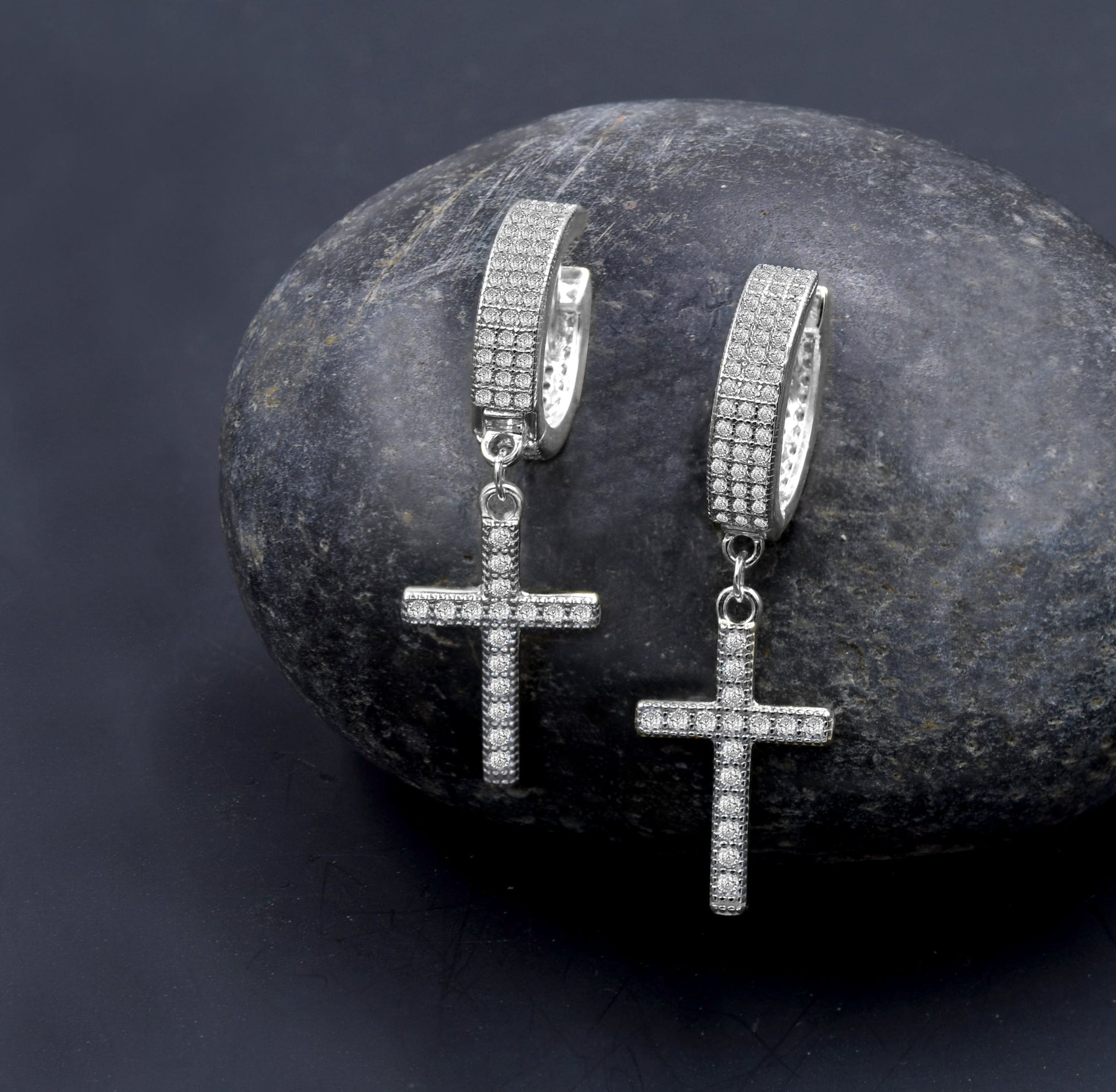 925 Sterling Silver CZ Cross Huggie Hoop Delicate Earrings