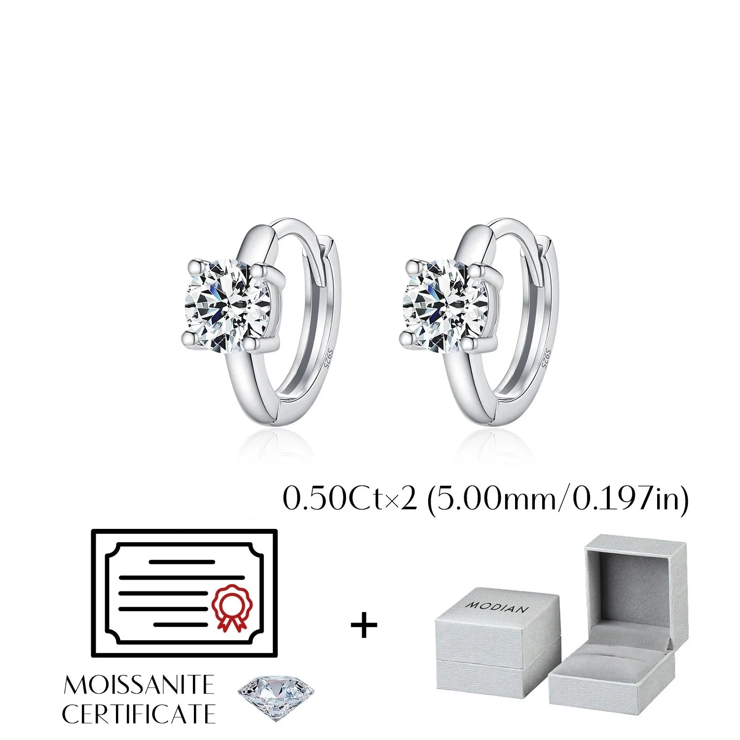 925 Sterling Silver D-Color Round Moissanite Sparkling Hoop Earrings for Women