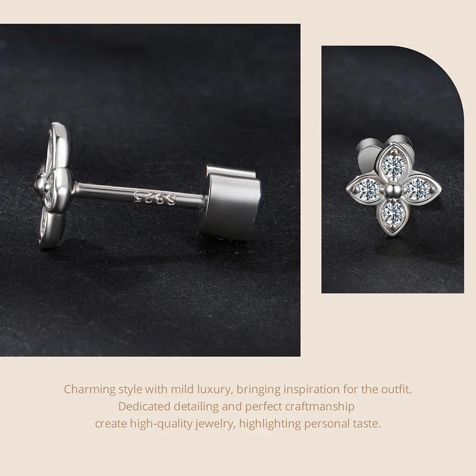 925 Sterling Silver 4-Leaf Clover Moissanite Earrings Hypoallergenic Screwback
