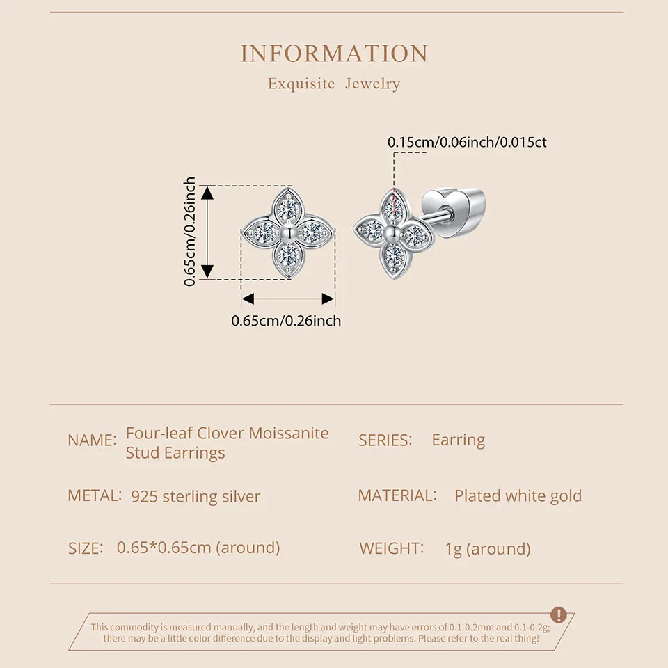 925 Sterling Silver 4-Leaf Clover Moissanite Earrings Hypoallergenic Screwback