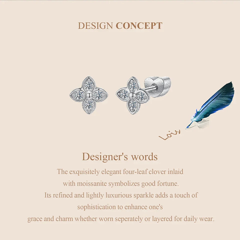 925 Sterling Silver 4-Leaf Clover Moissanite Earrings Hypoallergenic Screwback