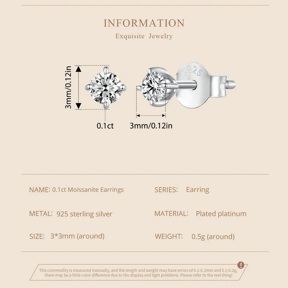 925 Sterling Silver Moissanite Stud Earrings VVS1 Lab Diamond Gift Unisex Party