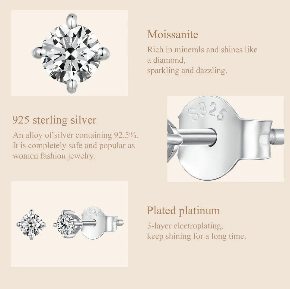 925 Sterling Silver Moissanite Stud Earrings VVS1 Lab Diamond Gift Unisex Party