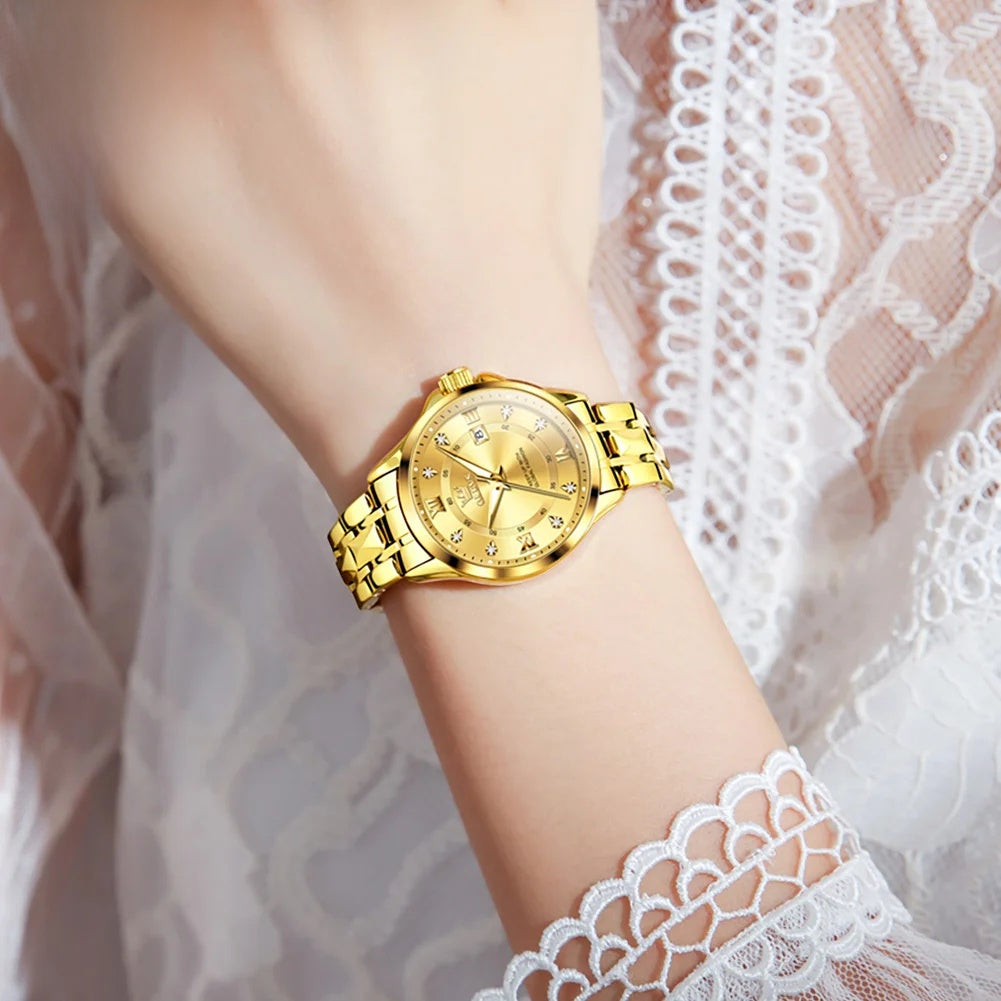 Women's Gold Stainless Steel Small Round Watch Date