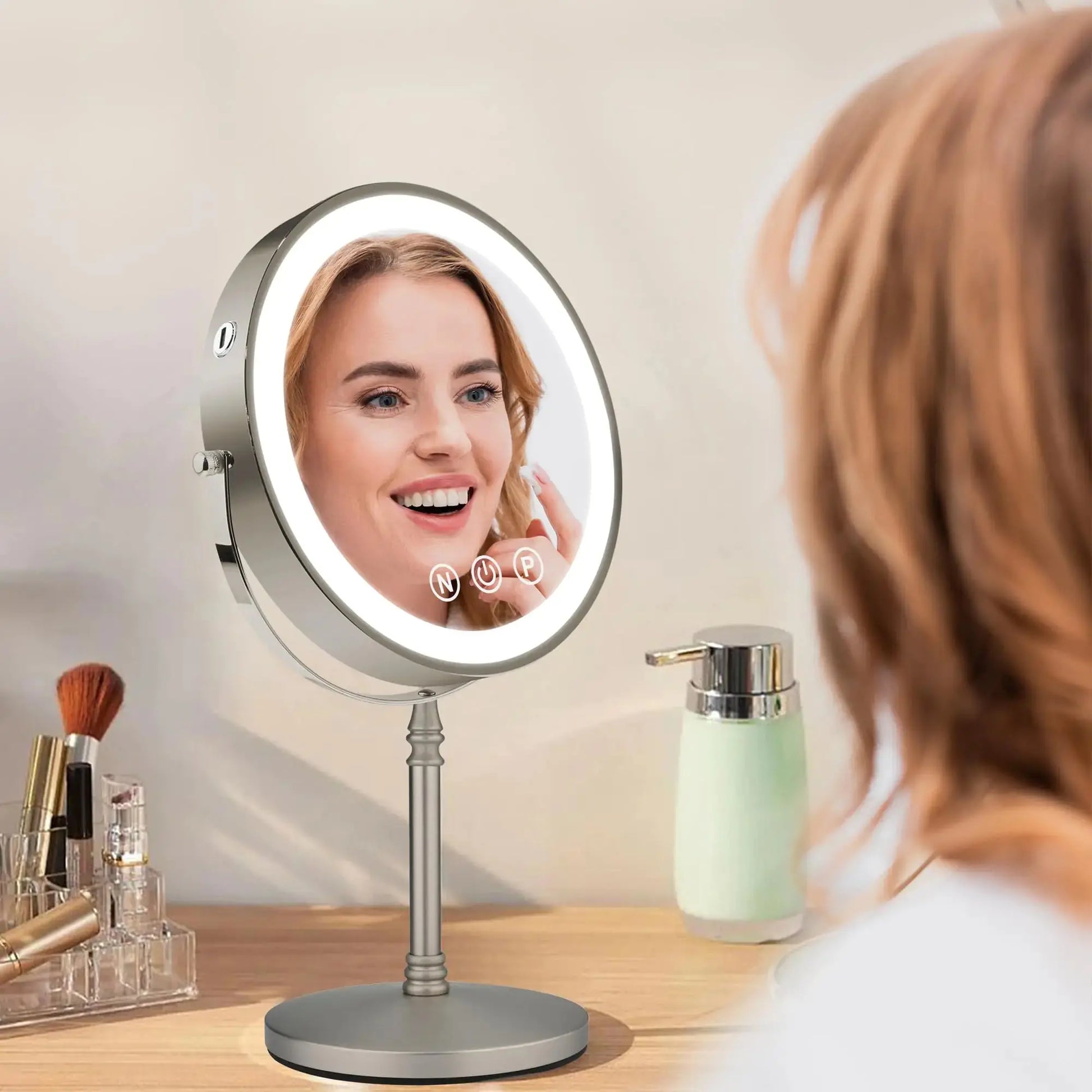 9" Large Makeup Mirror with Lights – 1X/10X Magnifying, 3 Color Dimmable, 360° Rotation, Matte Nickel