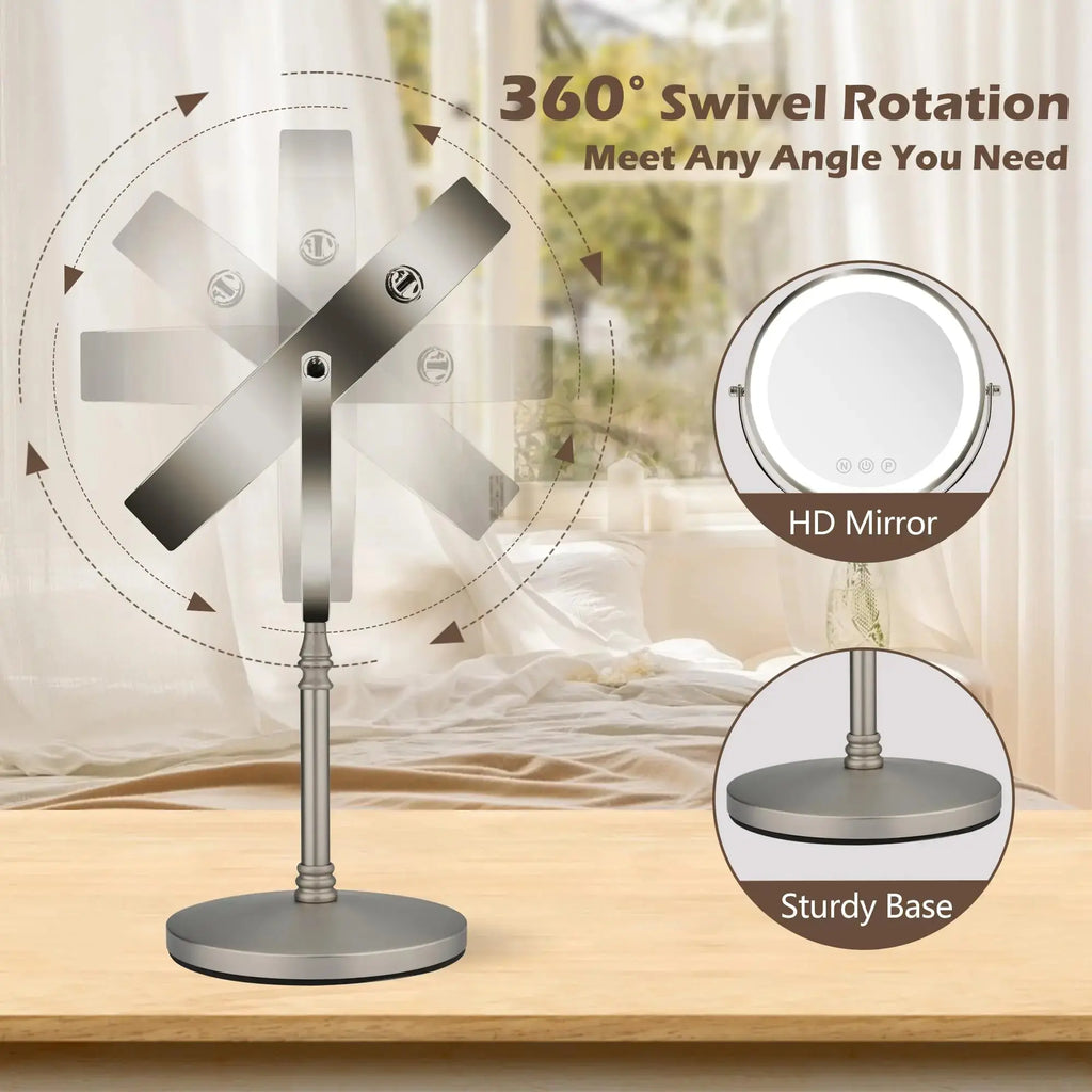 9" Large Makeup Mirror with Lights – 1X/10X Magnifying, 3 Color Dimmable, 360° Rotation, Matte Nickel