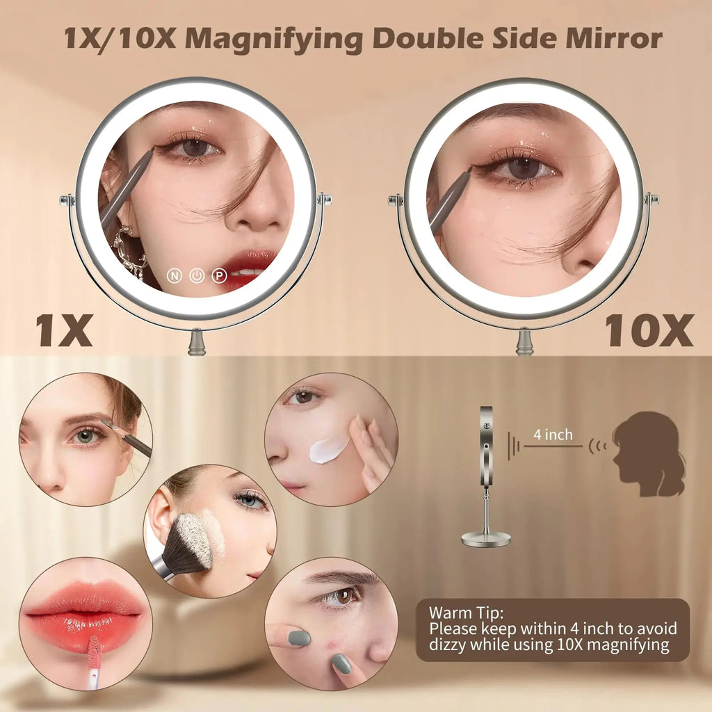 9" Large Makeup Mirror with Lights – 1X/10X Magnifying, 3 Color Dimmable, 360° Rotation, Matte Nickel