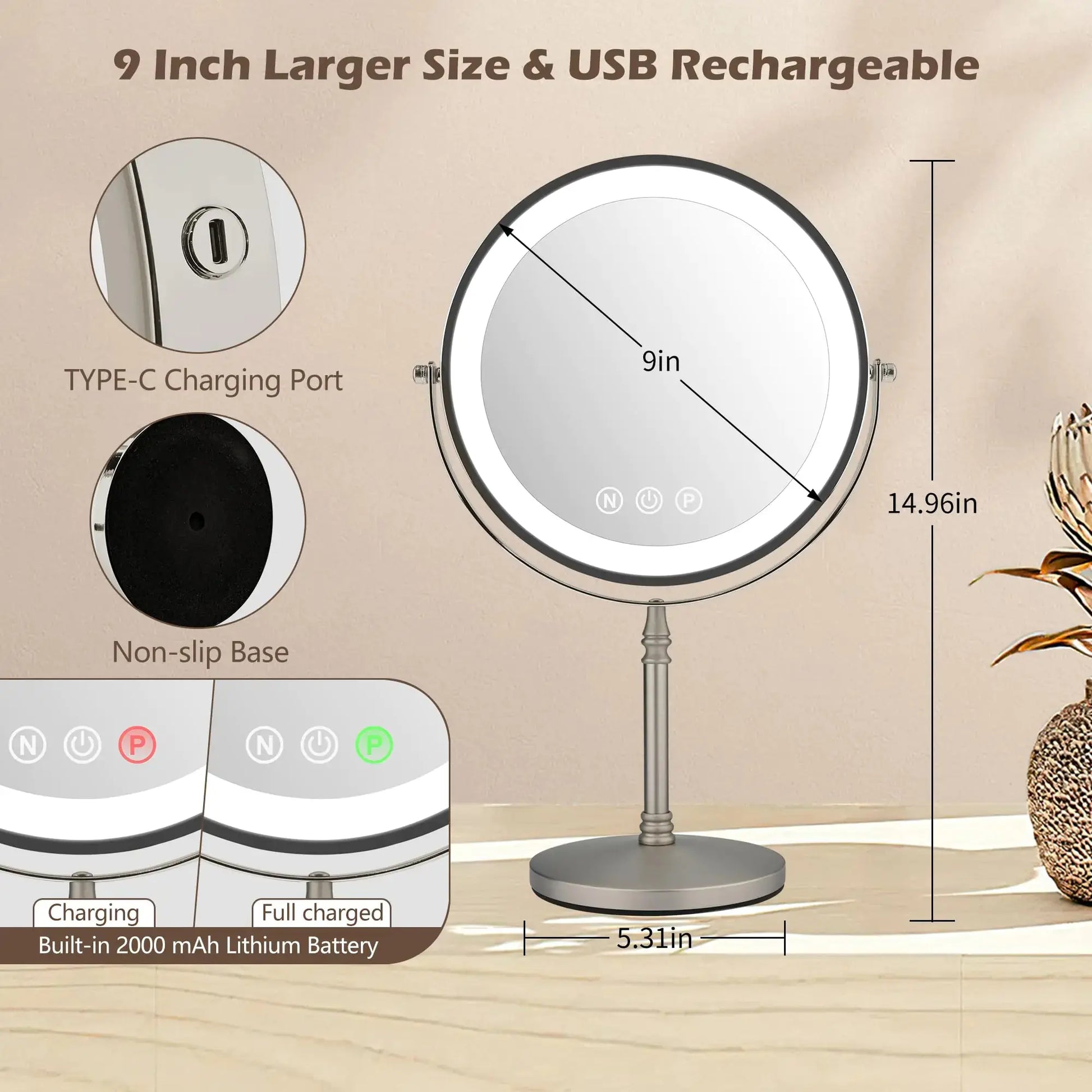 9" Large Makeup Mirror with Lights – 1X/10X Magnifying, 3 Color Dimmable, 360° Rotation, Matte Nickel
