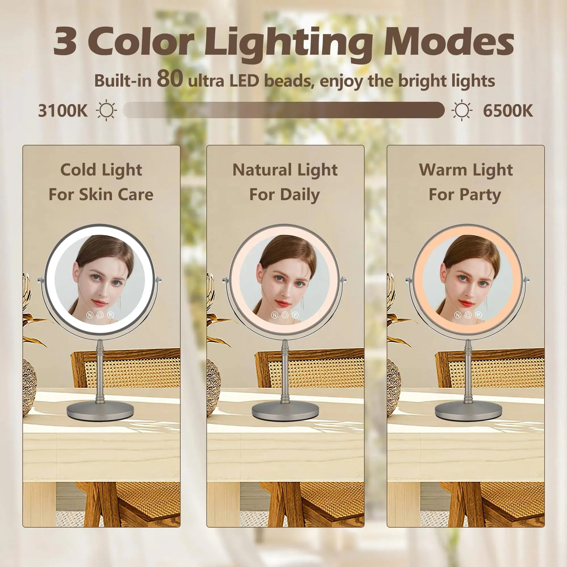 9" Large Makeup Mirror with Lights – 1X/10X Magnifying, 3 Color Dimmable, 360° Rotation, Matte Nickel