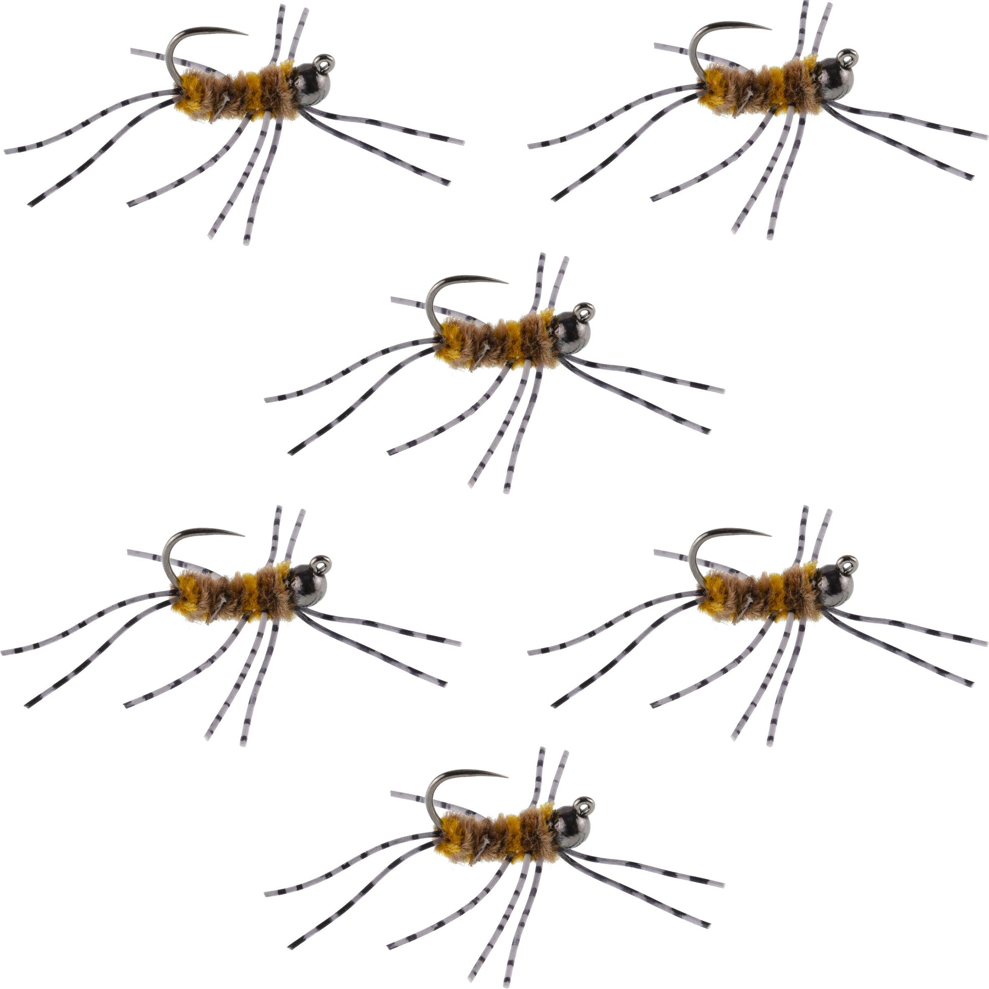 Barbless Pat's Barred Rubber Legs Tungsten Bead Jigged Coffee/Tan Euro Nymph  - Set of 6 Flies Hook Size 6