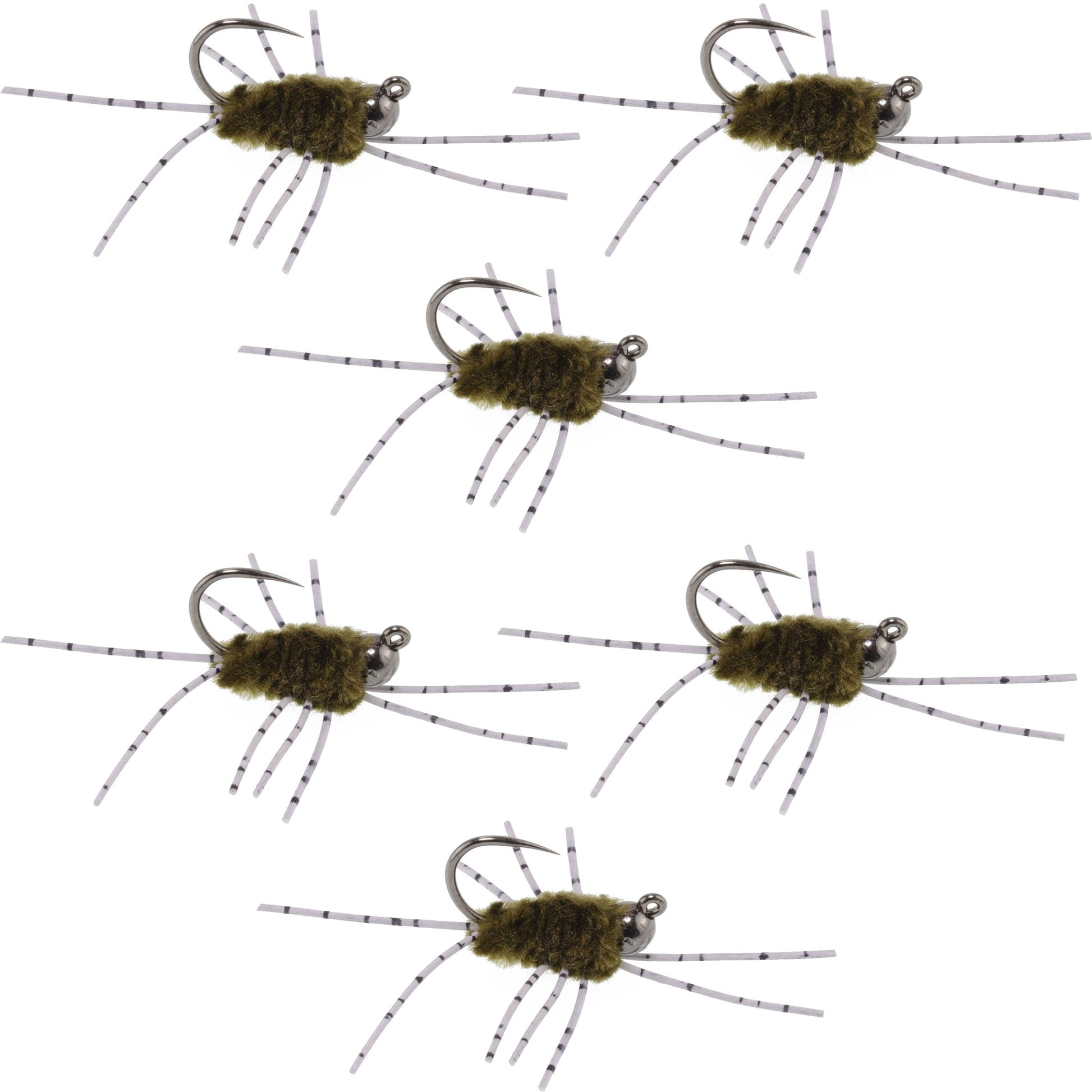 Barbless Pat's Barred Rubber Legs Tungsten Bead Jigged Dark Olive Euro Nymph  - Set of 6 Flies Hook Size 6
