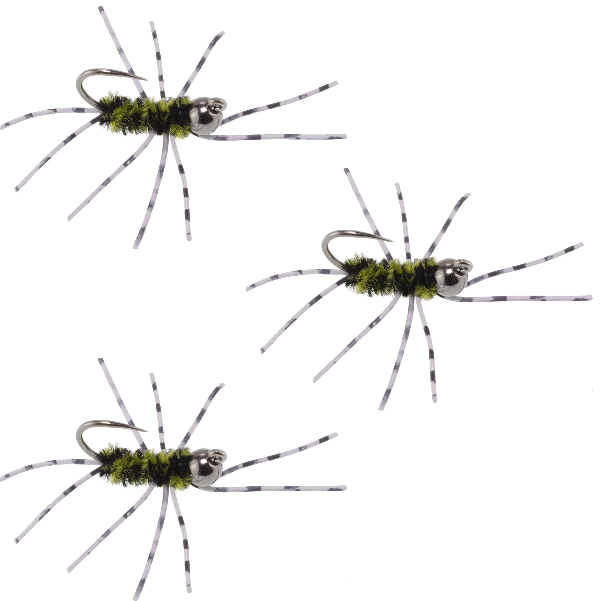 3 Pack Barbless Pat's Barred Rubber Legs Tungsten Bead Jigged Black/Olive Euro Nymph  - Hook Size 6