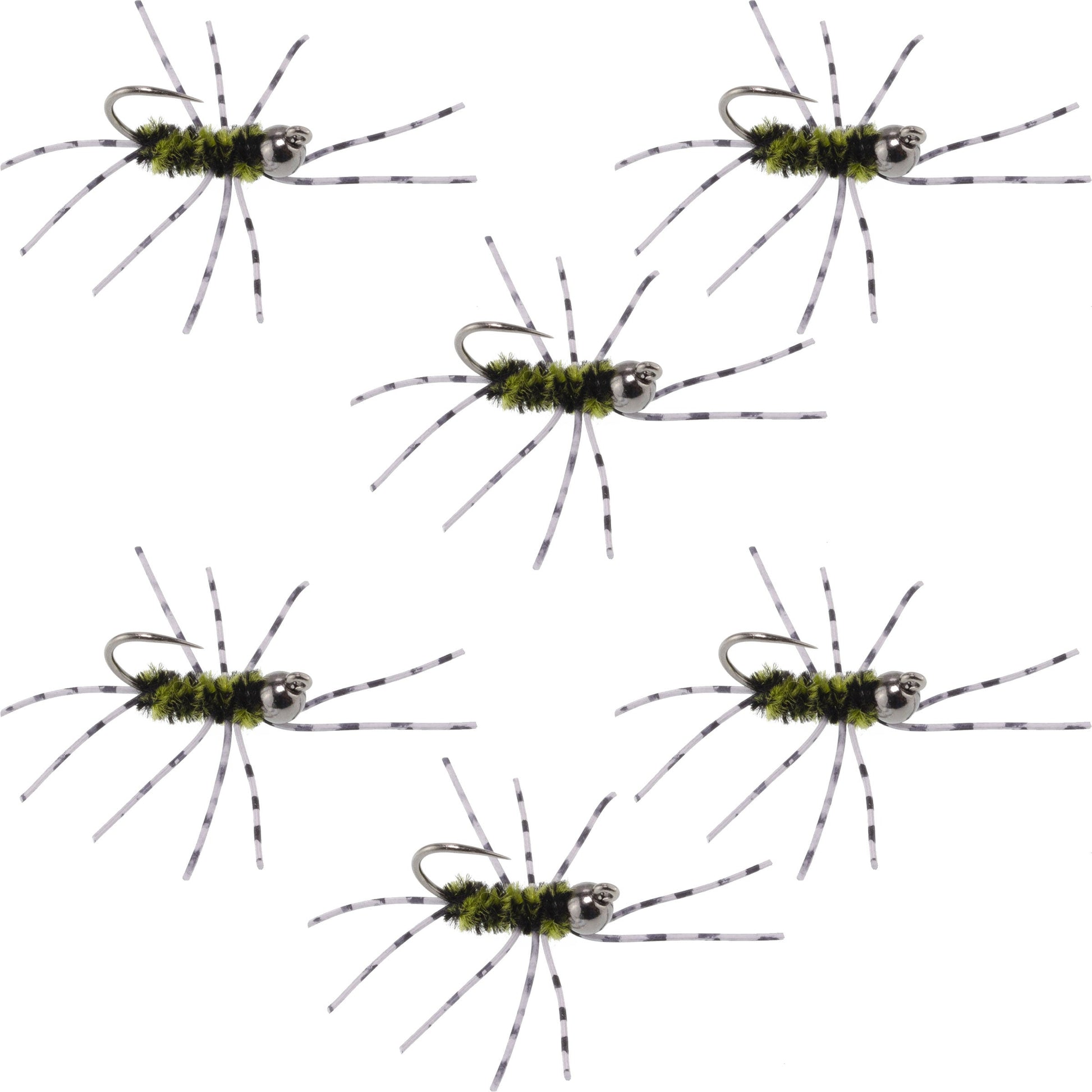 Barbless Pat's Barred Rubber Legs Tungsten Bead Jigged Black/Olive Euro Nymph  - Set of 6 Flies Hook Size 6