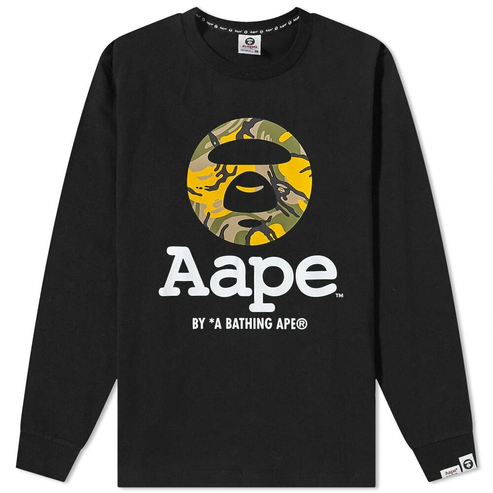 AAPE Men's Long Sleeve Camo Moon Face T-Shirt in Black